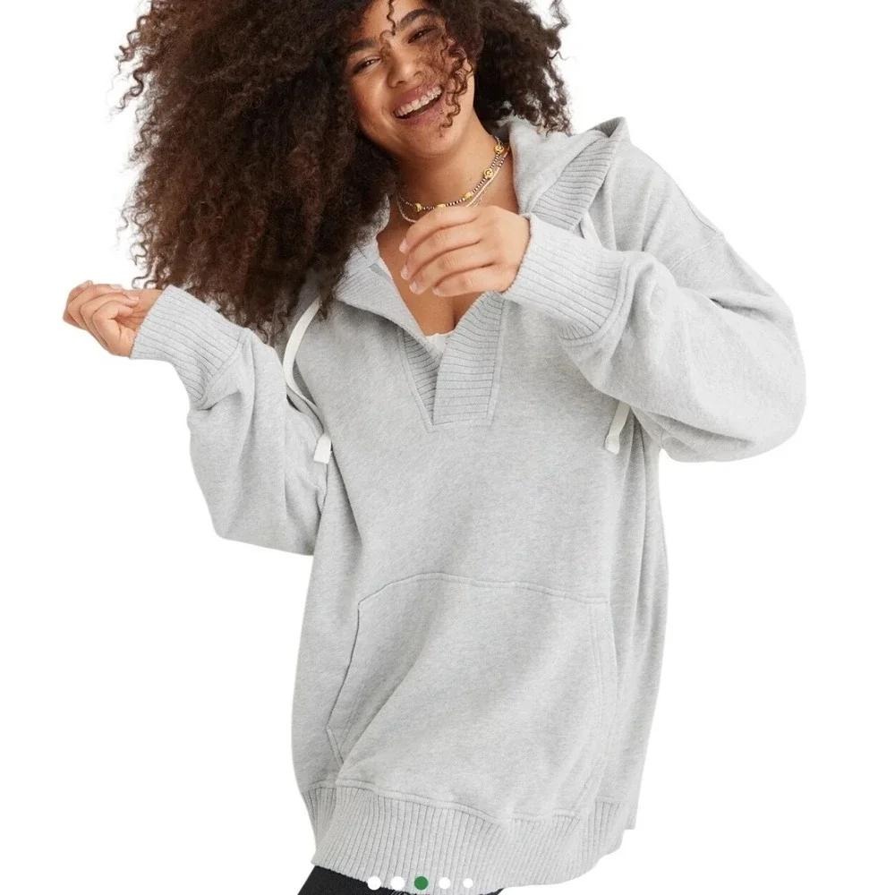 Aerie Down To Earth Henley Hoodie Size L Heather Gray Oversized V Neck Terry